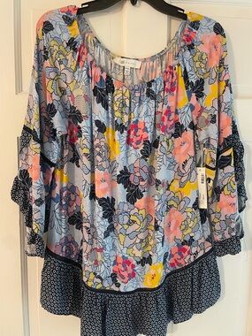 Fever Floral Ruffle Tunic - Blue, Yellow, Pink, Black